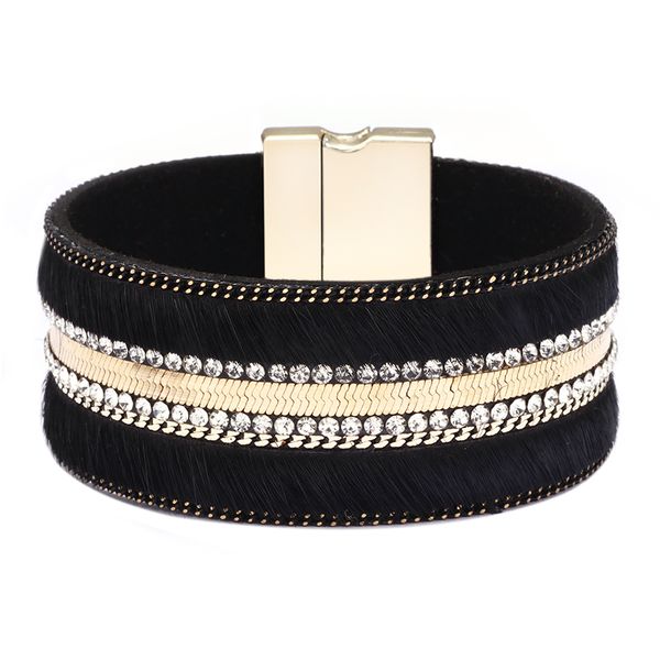 

high-quality rhinestone leopard print wide leather wrap bracelet women horse hair magnetic clasp bracelets fahsion women jewlry, Black