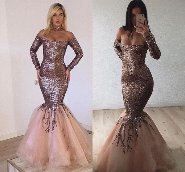 

блестками длинными рукавами выпускного вечера платье с плеча сверкающих русалка вечерние платья длина пола молния назад тюль коктейль платье, Black