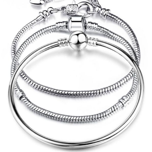 

charm bracelets 925 sterling silver 3mm snake chain fit pandora charms bead bangle bracelet fashion jewelry diy bangle for men women, Golden;silver