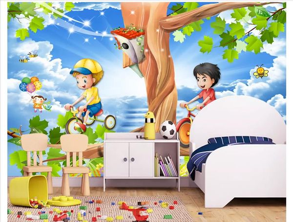 Benutzerdefinierte 3D-Tapeten, Heimdekoration, Fototapete, schöner Himmel, großer Baum, Landschaft, Cartoon-Kinderzimmer, Kinderzimmer, Hintergrundwandbild