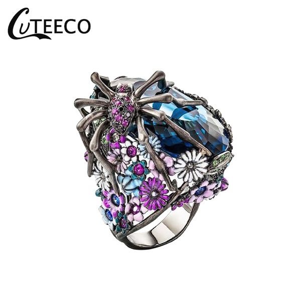 

cuteeco personality antique color spider rings for women blue zircon ring colorful flower ring halloween party punk jewelry gift