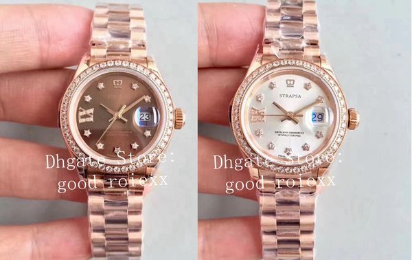

28mm luxury ladys automatic diamond brown watches women's watch gold eta 2671 movement 279135 ladies 279138 perpetual women wristwatche, Slivery;brown