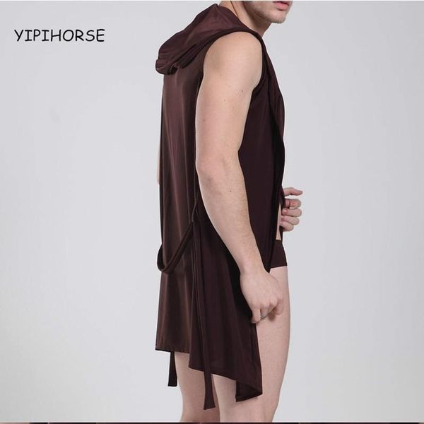 

men's robes comfortable casual bathrobes sleeveless viscose hooded robe homewear mens sleepwear lounge clothes, Black;brown