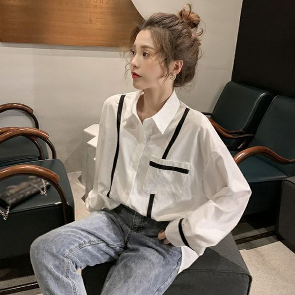 

autumn fashion striped blouses patchwork chiffon shirts casual women long sleeve lapel blouses, White