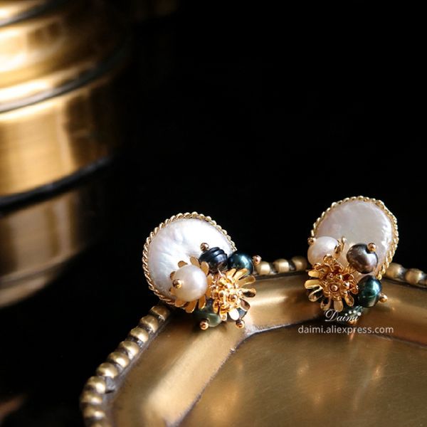 

daimi natural shaped pearl studs earrings handmade coin pearl earrings designer jewelry for women, Golden;silver