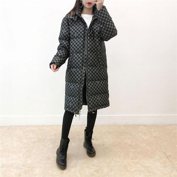 

women's long down jacket loose large size down jacket checkerboard pattern ladies winter thick warm parasparks 2019 new coat tt88, Black