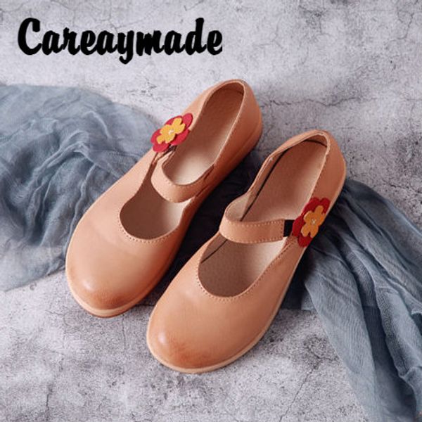 

careaymade-handmade flower sweet artistic genuine leather women's shoes,full-grain leather shallow mouth thick bottom shoes, Black