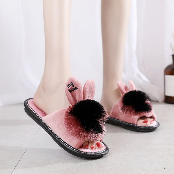 

2019 new autumn winter women slippers flat heels ins ear shoes woman non slip indoor female big fur ball loafer, Black