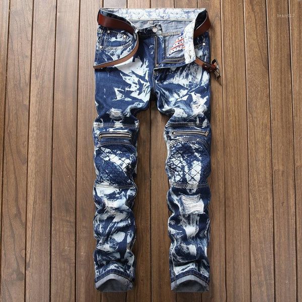 

new 2019 fashion men jeans straight good quality casual denim with hole print jeans england style1, Blue