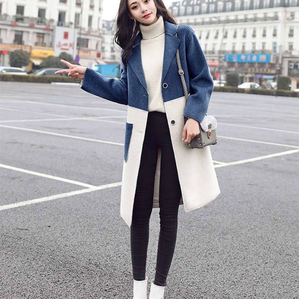 

women long blue woolen coat female overcoat, Black