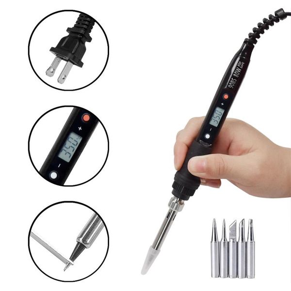 

black us plug 80w soldering iron kit digital lcd corded electric welding tools solder wire tweezers hand 110v 180-480Â° c
