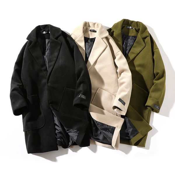 

winter new men's woolen long coat fashion khaki black green warm slim casual long jacket streetwear male clothes windbreaker man