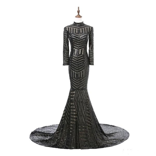 

2020 новый сексуальный черный блестки высокая шея вечерние платья русалка с длинным рукавом вечерние платья женщин бальные платья с поездом, Black;red