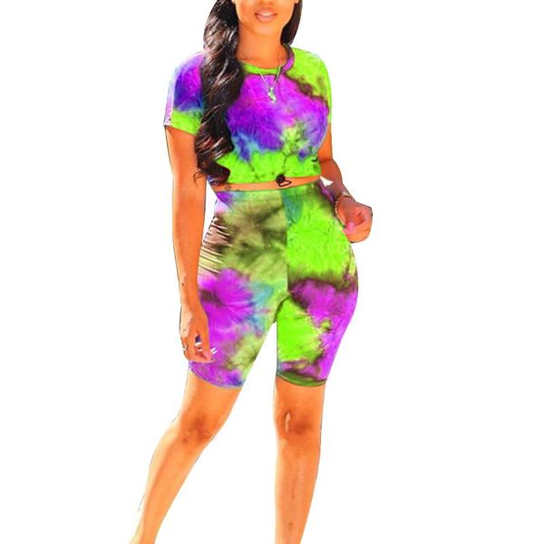 

women two piece set fashion casual summer short sleeve tie-dye print t-shirt and shorts set yoga outfits, White;red