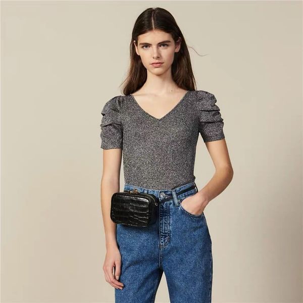 

2019 autumn and winter new women's v-neck puff sleeve short-sleeved sweater, White;black