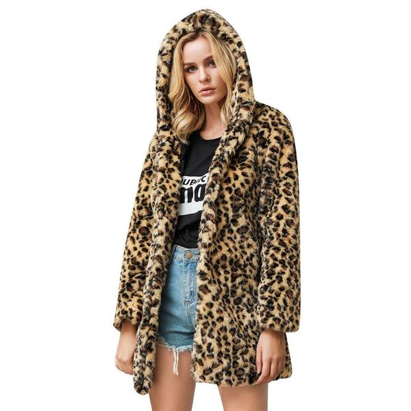 

women autumn winter casual long sleeve coats leopard faux fur outwear cardigan loose hooded pocket plush coats, Black;brown