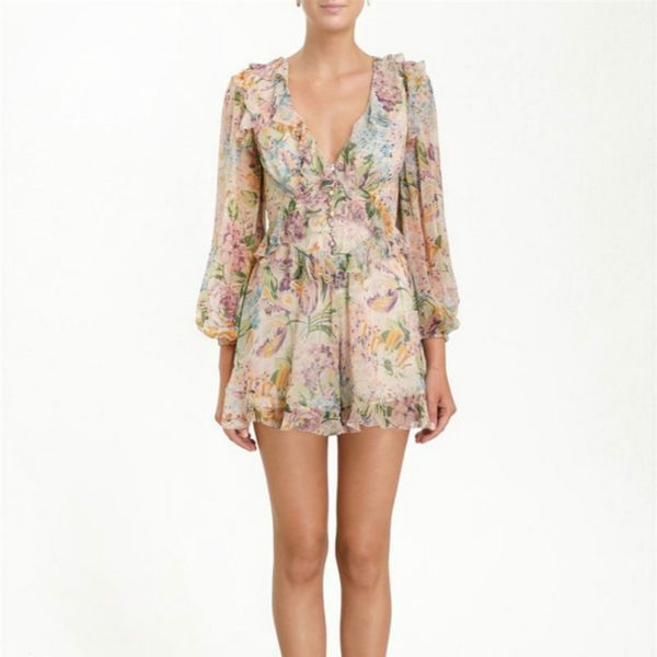 

new boho 2019 summer women's romper printed ladies chiffon jumpsuits long sleeve buttons bodysuit v-neck beach party playsuit, Black;white