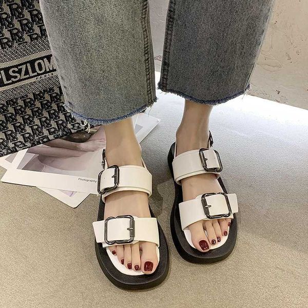 

2020 women chunky sandals summer platform casual shoes woman designers leather buckle strap korean fashion flat sandal ladies, Black