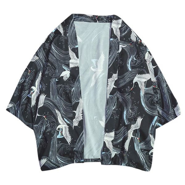 

harajuku printed hawaii style men's shirt 2019 summer beach shirt men three quarter sleeved men japanese streetwear apr12, White;black