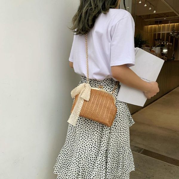 

women bowknot straw shoulder bag summer baech shell purse lace ribbon crossbody bags lady casual hasp handabgs bolsa feminina