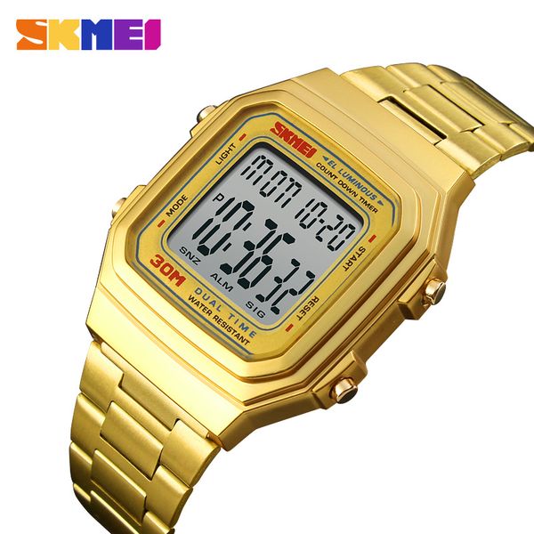 

skmei brand hip hop stainless steel square watch men luxury sport digital watches casual business wristwatches relogio masculino, Slivery;brown
