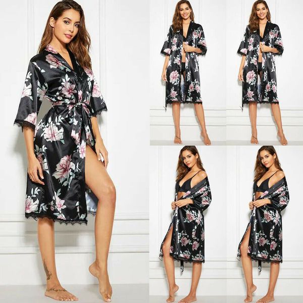 

2019 new women v-neck satin silk robes ladies floral lace pajama night dress nightgown sleepwear homewear clothing, Black;red