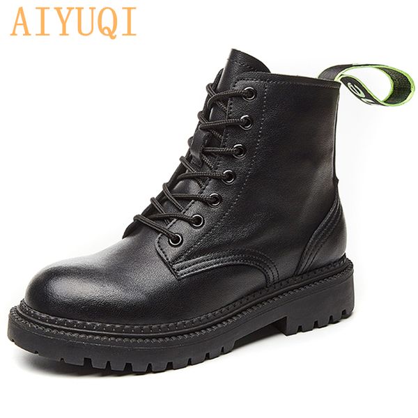

aiyuqi boots women flat boots women large size 42 43 44 genuine leather ankle england women's motorcycle, Black
