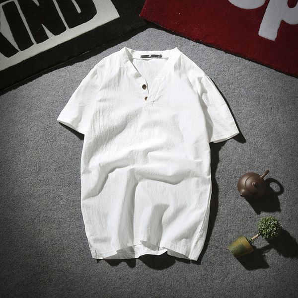 

oem men's shirts mens casual stand collar linen material short sleeve slim men's cotton linen shirt, White;black