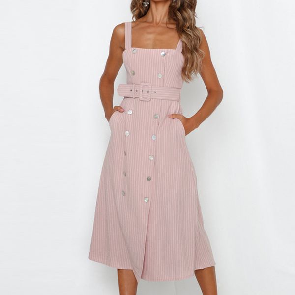 

fashion summer dress 2019 robe femme vintage women double-breasted wide belt pocket striped vest dresses casual vestidos dress, Black;gray