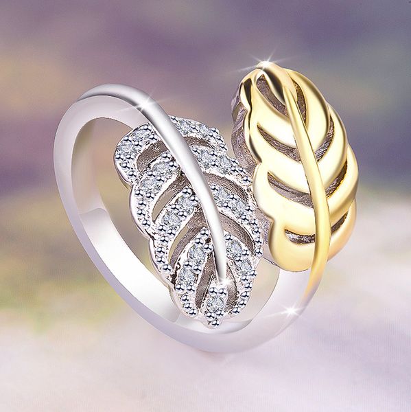 

new creative two-tone color crystals leaf shaped ring simple fashion finger rings for women vintage wedding engagement ring, Slivery;golden