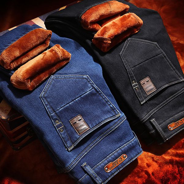 

2016 winter jeans men fashion elasticity men's warm jeans comfortable slim male pants ripped for men, Blue