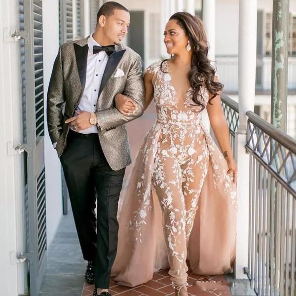 

stylish lace jumpsuit wedding dresses with overskirt sheer deep v neck cap sleeves vestido de novia 2019 fashion see through bridal gowns, White