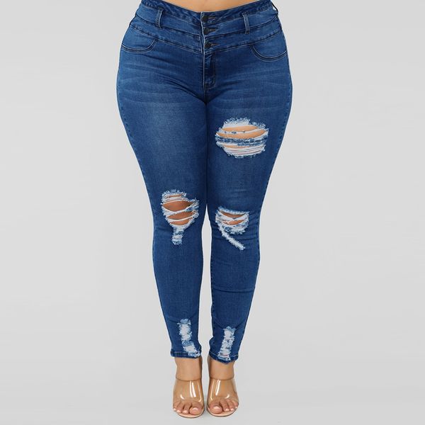 

plus size ripped jeans women pocket stretch jeans women fashion jeans denim woman denim pencil pants 8m3.5, Blue