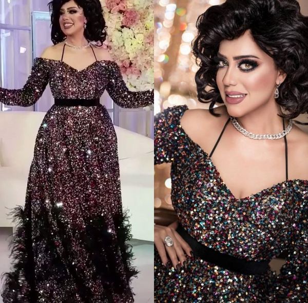 

elegant sparkling long sleeve feather evening dresses 2020 sequined evening gowns formal wear prom dress robe de soiree abendkleider, Black;red