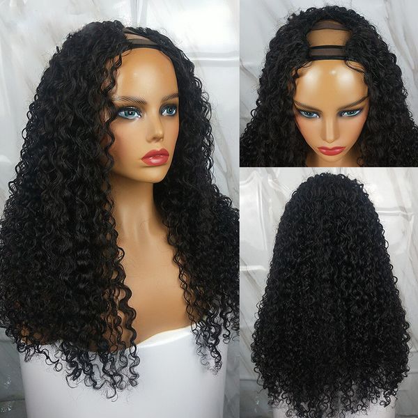 

2*4 middle part kinky curly u part human hair wigs for black women 9a peruvian virgin upart wig, Black;brown