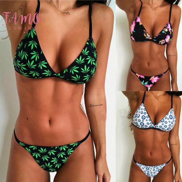 

women micro print bikinis set push up padded bra thongs swimwear neon bandage swimsuit bathing suit, White;black