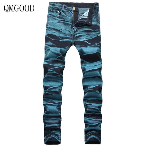 

qmgood fashion retro skinny jeans men slim stretch denim trousers plus size hip hop biker jeans men men's clothing, Blue