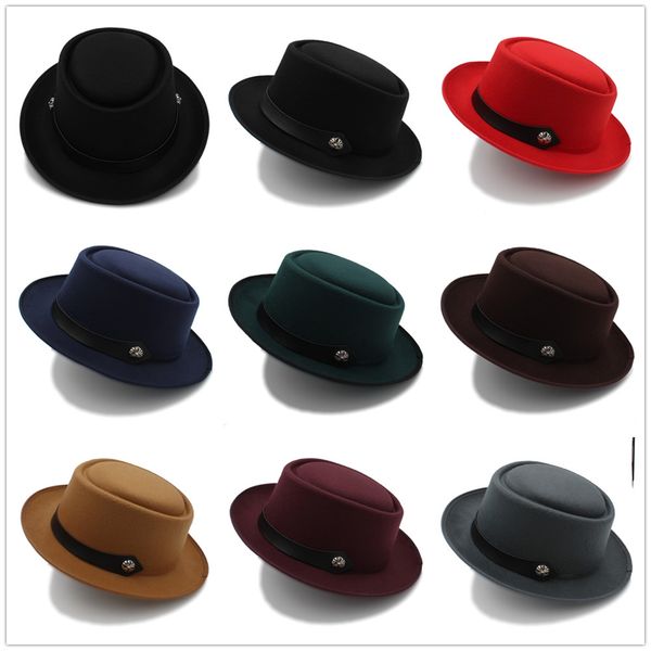 

women men pork pie hat for dad wool autumn flat fedora hat for gentleman gambler fascinator trilby caps size 58cm, Blue;gray