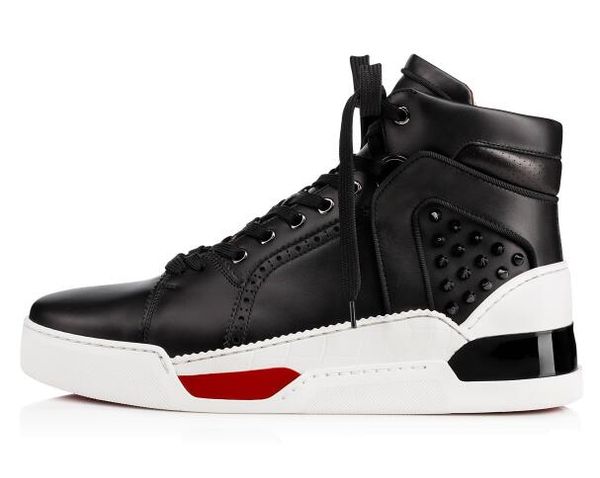 

gift] men shoes red bottom sneaker loubikick flat genuine leather spiked shoes mid sports shoes flat skate outdoor trainer, Black