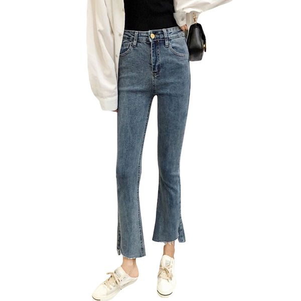 

spring autumn women's jeans casual high waist retro old trousers opening micro bell pants nine pants students tide a73, Blue