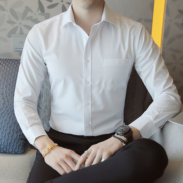 

new men blouse shirts solid color lapel casual slim button shirts long sleeve shirt men plus size shirt office work clothes, White;black