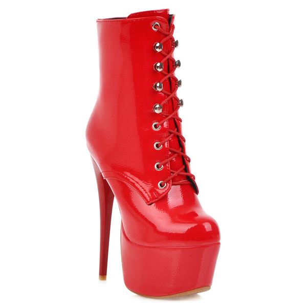 

16cm heel extreme high heel patent ankle boots lace up fetish pole dance platform boots ladies party shoes woman, Black