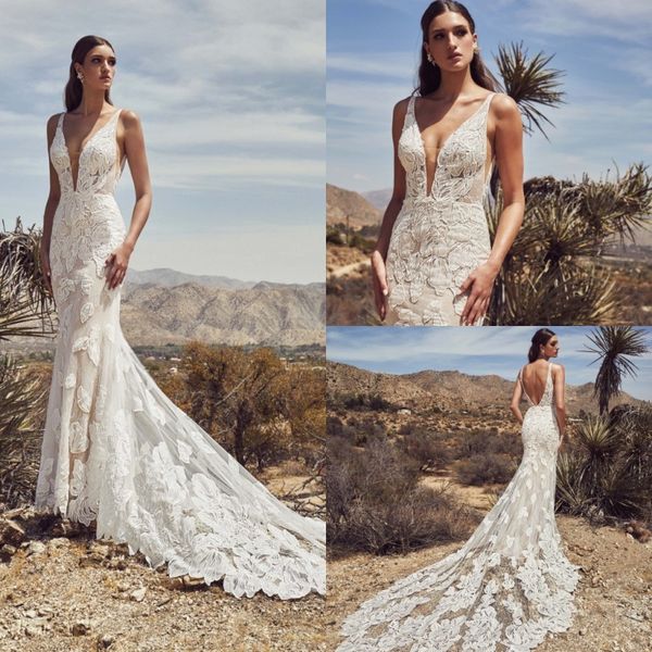 

calla blanche 2019 wedding dresses deep v neck lace gorgeous mermaid bridal gowns backless sweep train wedding dress robe de mariÃ©e, White