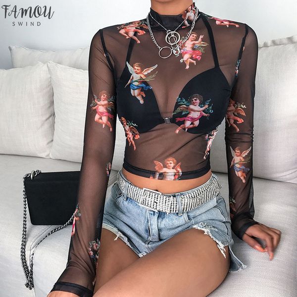 

women t shirt see through transparent mesh long sleeve sheer slim ladies turtleneck t shirt new arrival women tshirt, White