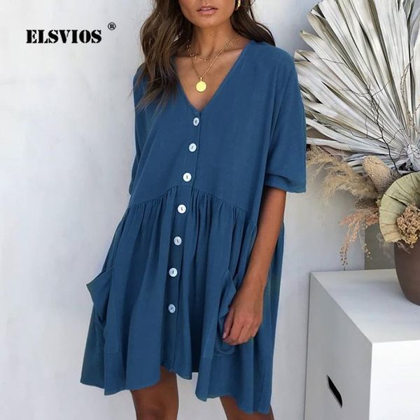 

elsvios casual loose summer dress women new fashion v-neck button pocket mini dress elegant half sleeve solid party female, Black;gray