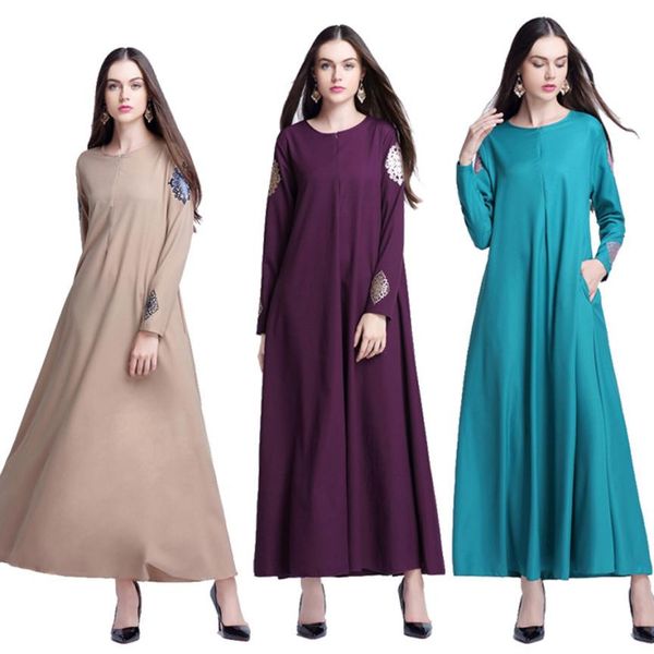

2018 dress female new fashion muslim women islamic pure color print plus size middle east long dress vestidos, Black;gray