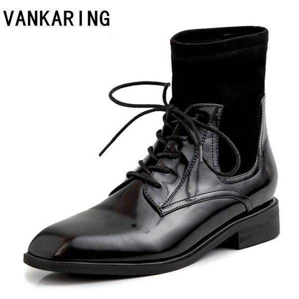 

women shoes microfiber patent leather ankle boots autumn winter short sock boots for women black riding casual shoes woman