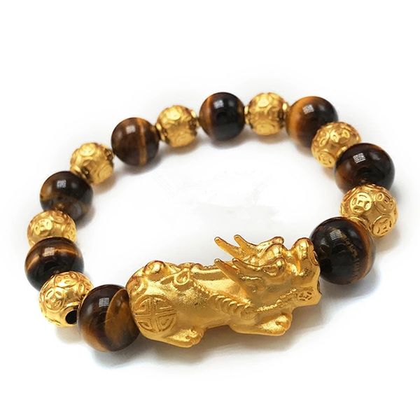 

gold wealth pixiu lucky feng shui charms natural stone tiger eye beads elasticity bracelet, Black