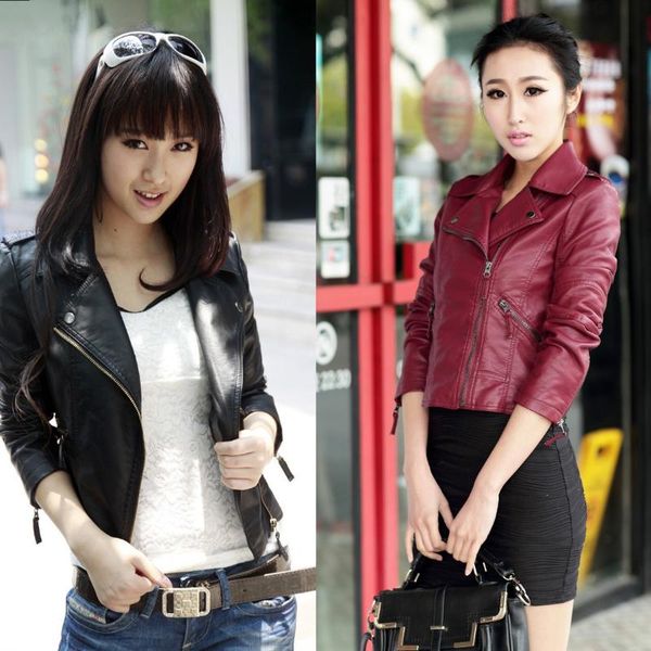

women's leather & faux motorcycle soft jacket coat slim stylish vintage zipper cloth fashion casual female, Black
