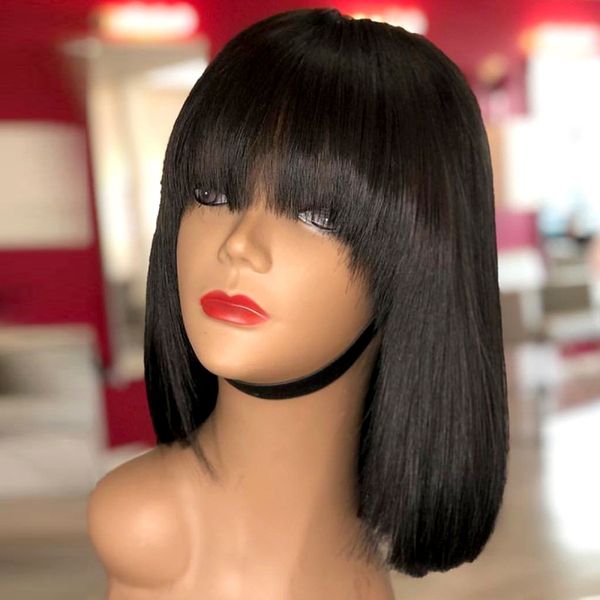 

bangs bob wig lace front human hair wigs with baby hair brazilian remy hair full end straight short bob wig for women, Black;brown